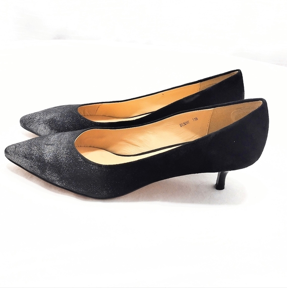 Sesto Meucci Binny Black Suede Flash Glitter Kitten Heel Slip-On Pumps - Picture 6 of 13